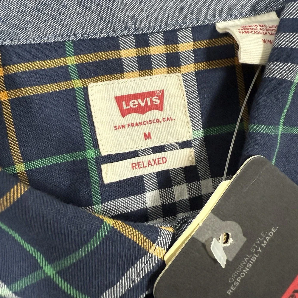 Levi's Mens M Worker Relaxed Fit Plaid Button Down Shirt Navy Blue Green NWT